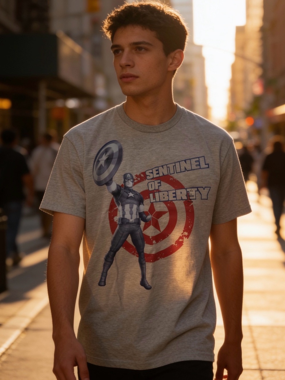 Disney Captain America Graphic Tee - Gray with Red & Blue Print